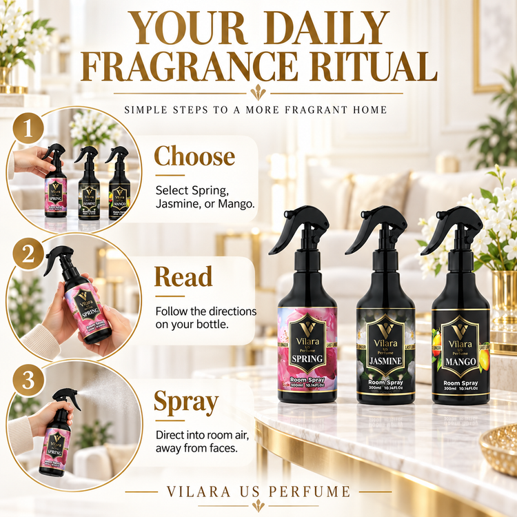 Your daily fragrance ritual: choose, read and spray Vilara Spring, Jasmine and Mango room sprays