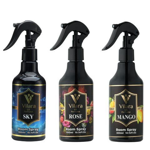 SKY ROSE MANGO (Pack of 3) 300 ML Vilara US Perfume Room Spray Freshener - Long-Lasting Luxury Scents - Room and Linen Spray for Bedding, Sheets, Fabric, Furniture - Home Guest Room & Bedroom Essentials for Aromatherapy -
