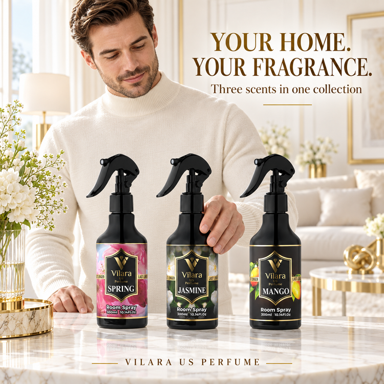 Man with Vilara Spring, Jasmine and Mango room sprays - three-scent collection