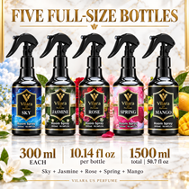 Five full-size Vilara room sprays, 300ml each: Sky, Jasmine, Rose, Spring and Mango