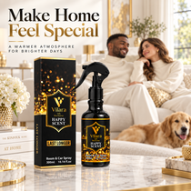 Vilara Happy Scent room spray in a cozy luxury living room with a couple and their dog