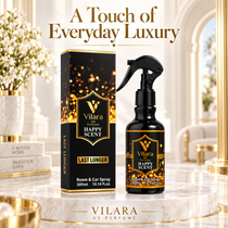 Vilara Happy Scent room spray on a marble table in a luxury living room - A Touch of Everyday Luxury