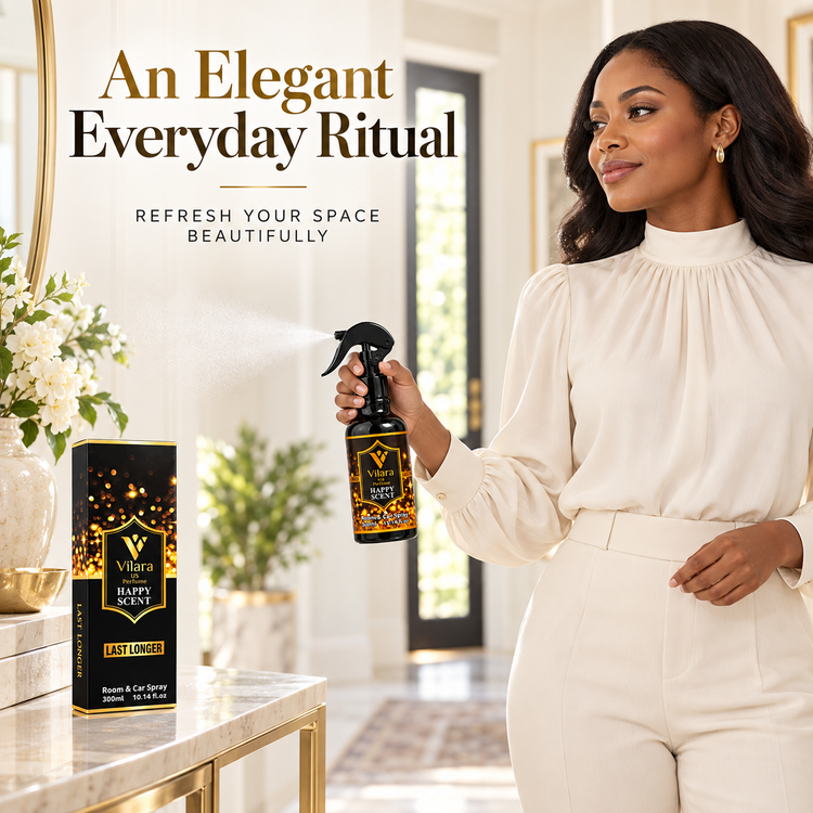 Woman in an ivory outfit holding Vilara Happy Scent room spray - an elegant everyday ritual