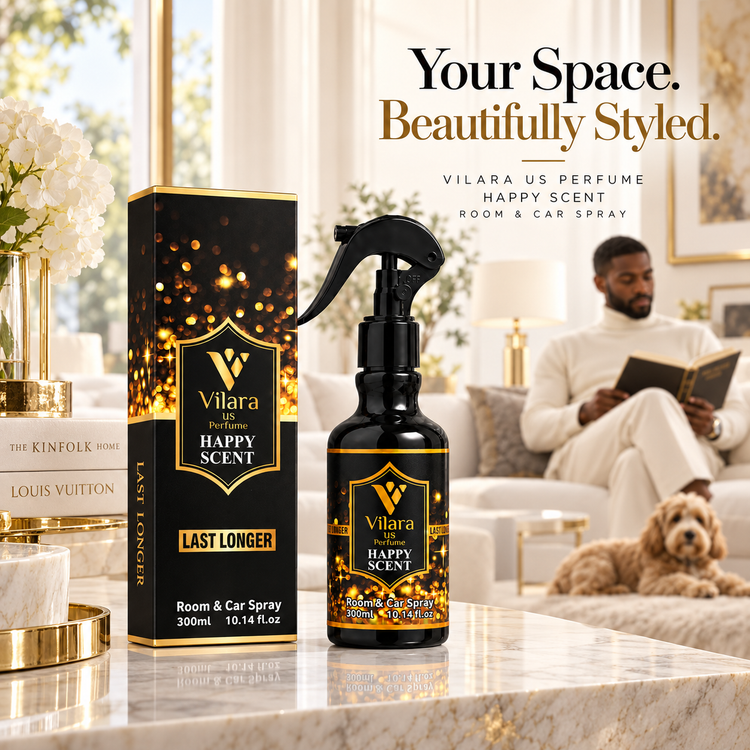 Vilara Happy Scent room and car spray with gift box in a styled living room