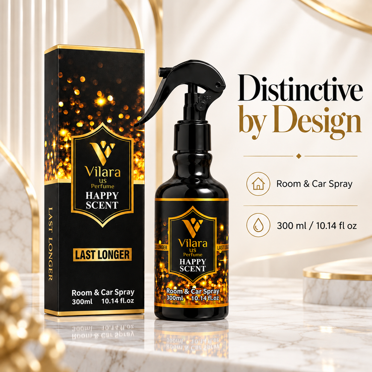 Vilara Happy Scent room and car spray 300ml (10.14 fl oz) with gift box on marble