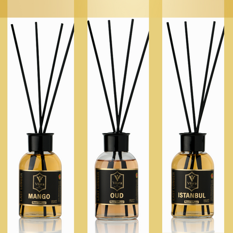OUD MANGO ISTANBUL Diffuser Set (Pack of 3) with Sticks - Reed Diffuser for Bathroom, Bedroom, Office, Living Room - Woody Aromatics for Home Aromatherapy - Luxury Fragrance Sticks Diffuser Set