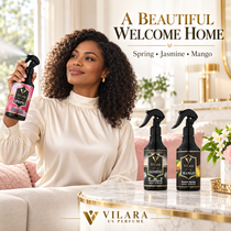 Woman spraying Vilara Spring room spray - Spring, Jasmine and Mango welcome home set